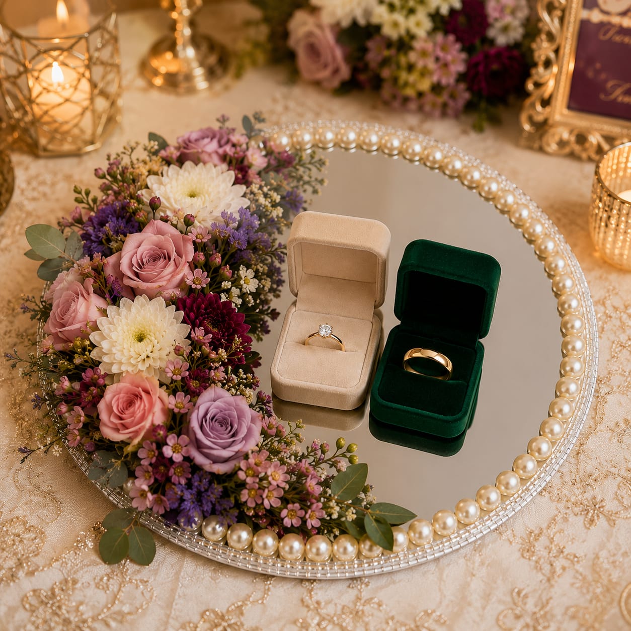 Fancy White Pearl Nikkah Mirror Tray - Engagement Ring Tray - Wedding Mirror Tray - Ring Ceremony