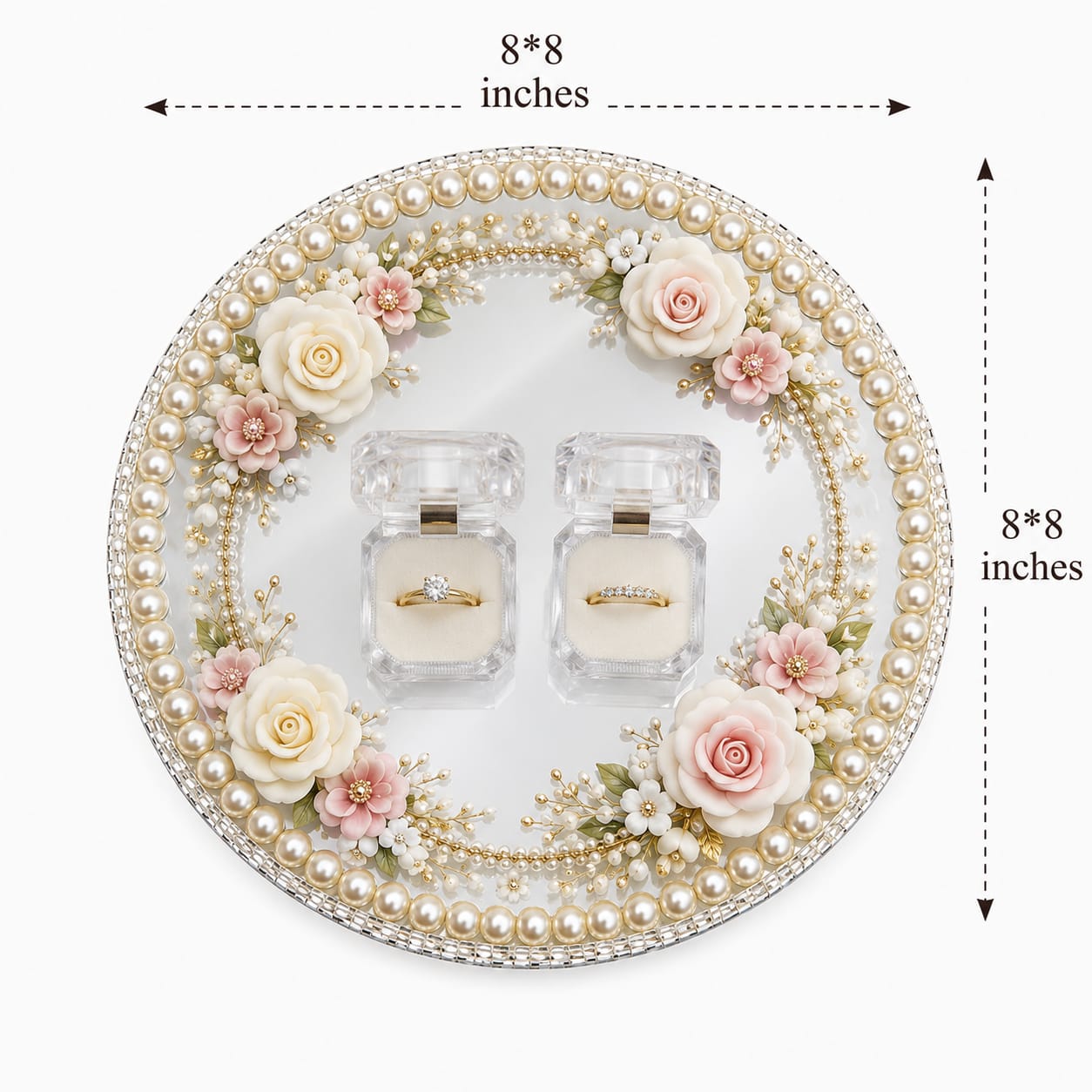 White Pearl Nikkah Mirror Tray - Engagement Ring Tray - Wedding Mirror Tray - Ring Ceremony view 2