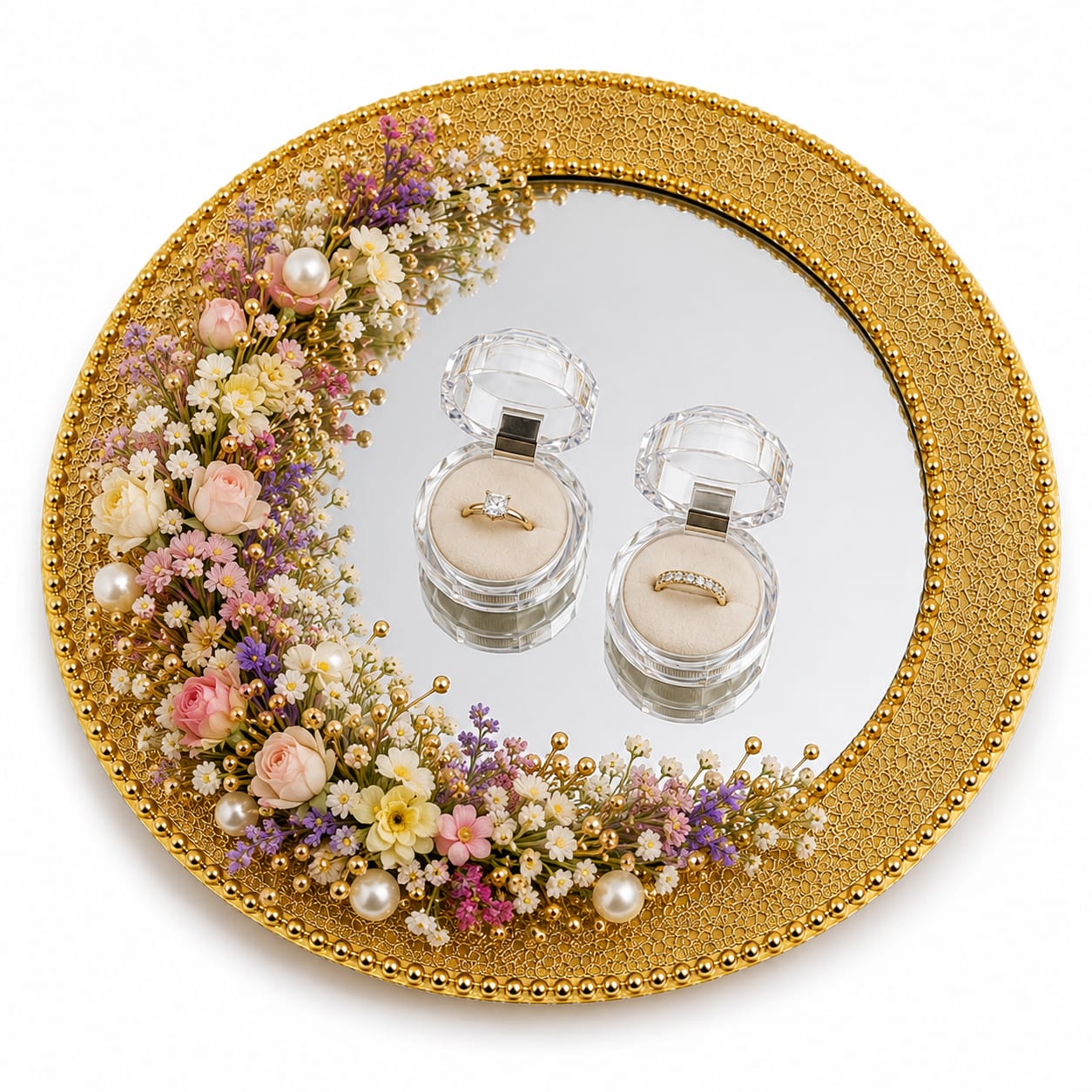Nikkah Mirror - Engagement Ring Tray - Wedding Mirror - Golden Pearl Border - Ring Ceremony - Wedding Favor