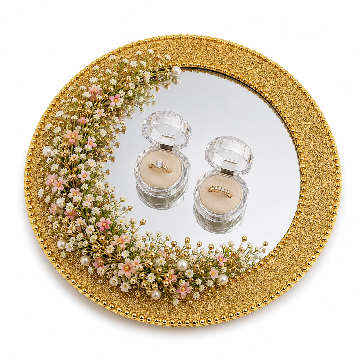 Nikkah Mirror - Engagement Ring Tray - Wedding Mirror - Golden Pearl Border - Ring Ceremony - Wedding Favor view 2