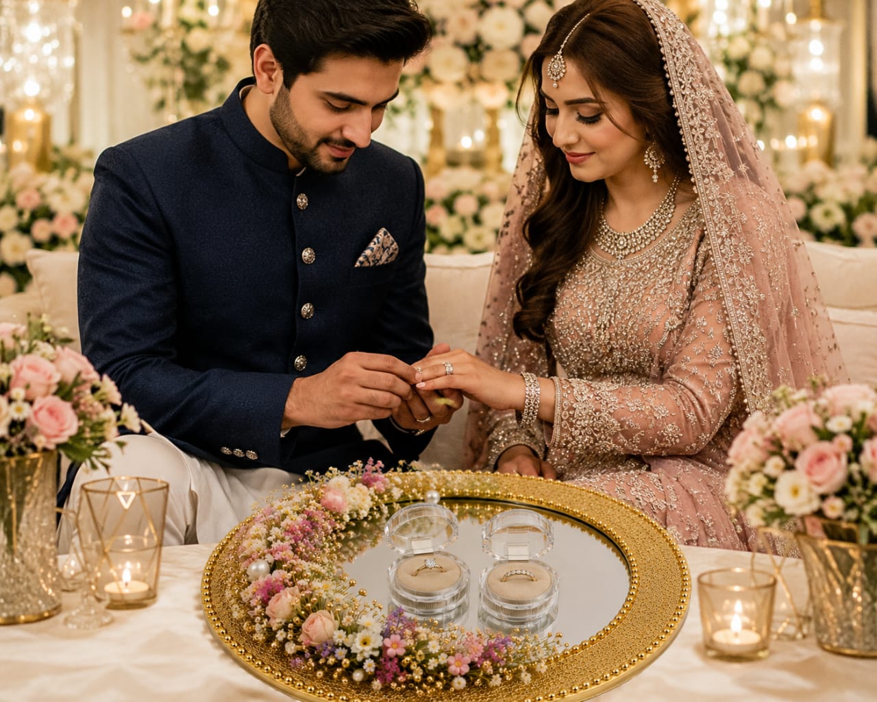 Nikkah Mirror - Engagement Ring Tray - Wedding Mirror - Golden Pearl Border - Ring Ceremony - Wedding Favor view 3