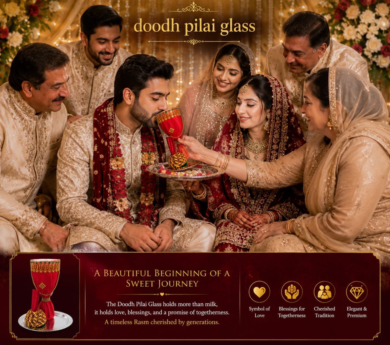 Royal Handmade Wedding Doodh Pilai Glass / Decorative Indian Wedding / Bride Groom Milk Ceremony view 4