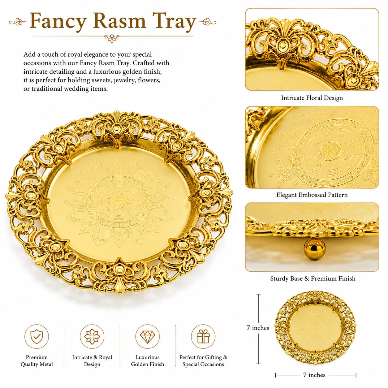 Round Golden Ornate Rasam Mithai chocolates Tray Decoration - Wedding Favor