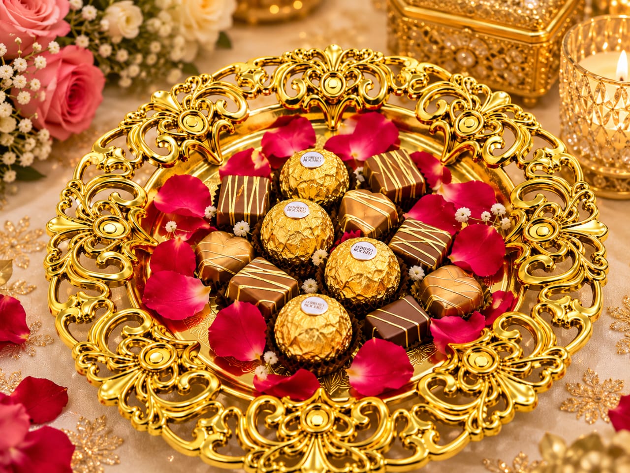 Round Golden Ornate Rasam Mithai chocolates Tray Decoration - Wedding Favor view 2