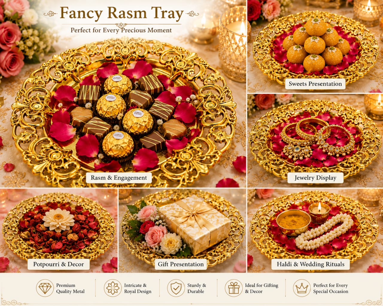 Round Golden Ornate Rasam Mithai chocolates Tray Decoration - Wedding Favor view 3