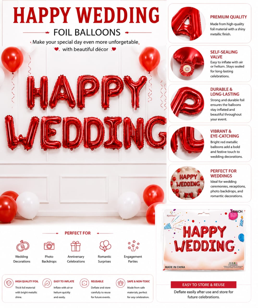 Happy Wedding Foil Letter Balloons Set for Party Celebrations Decoration view 2