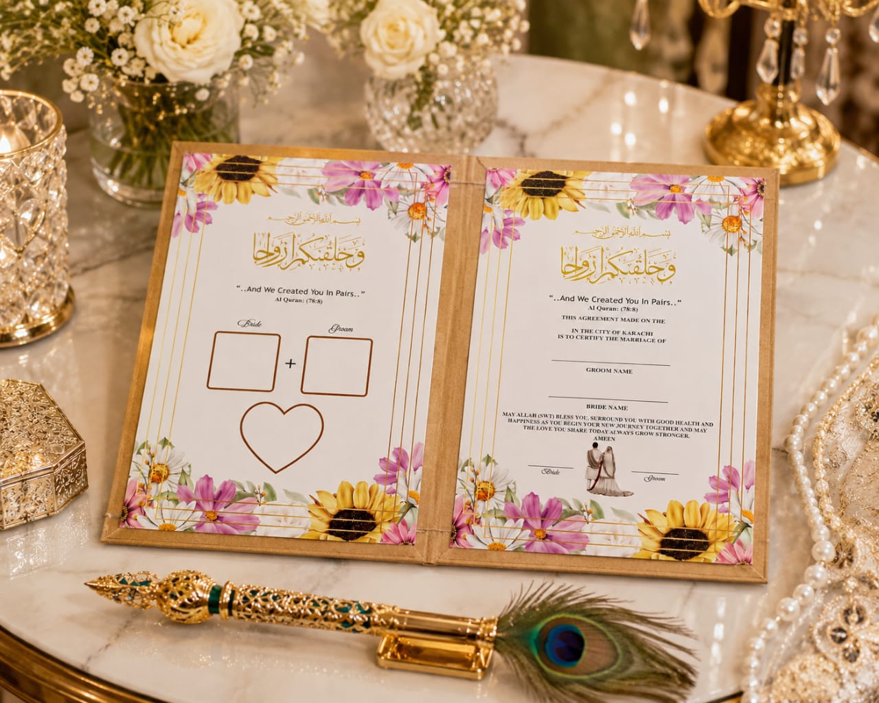 A4 Elegant Floral Design Nikkah Mubarak Velvet Booklet & Certificate Holder - wedding folder - nikkah nama booklet - marriage certificate