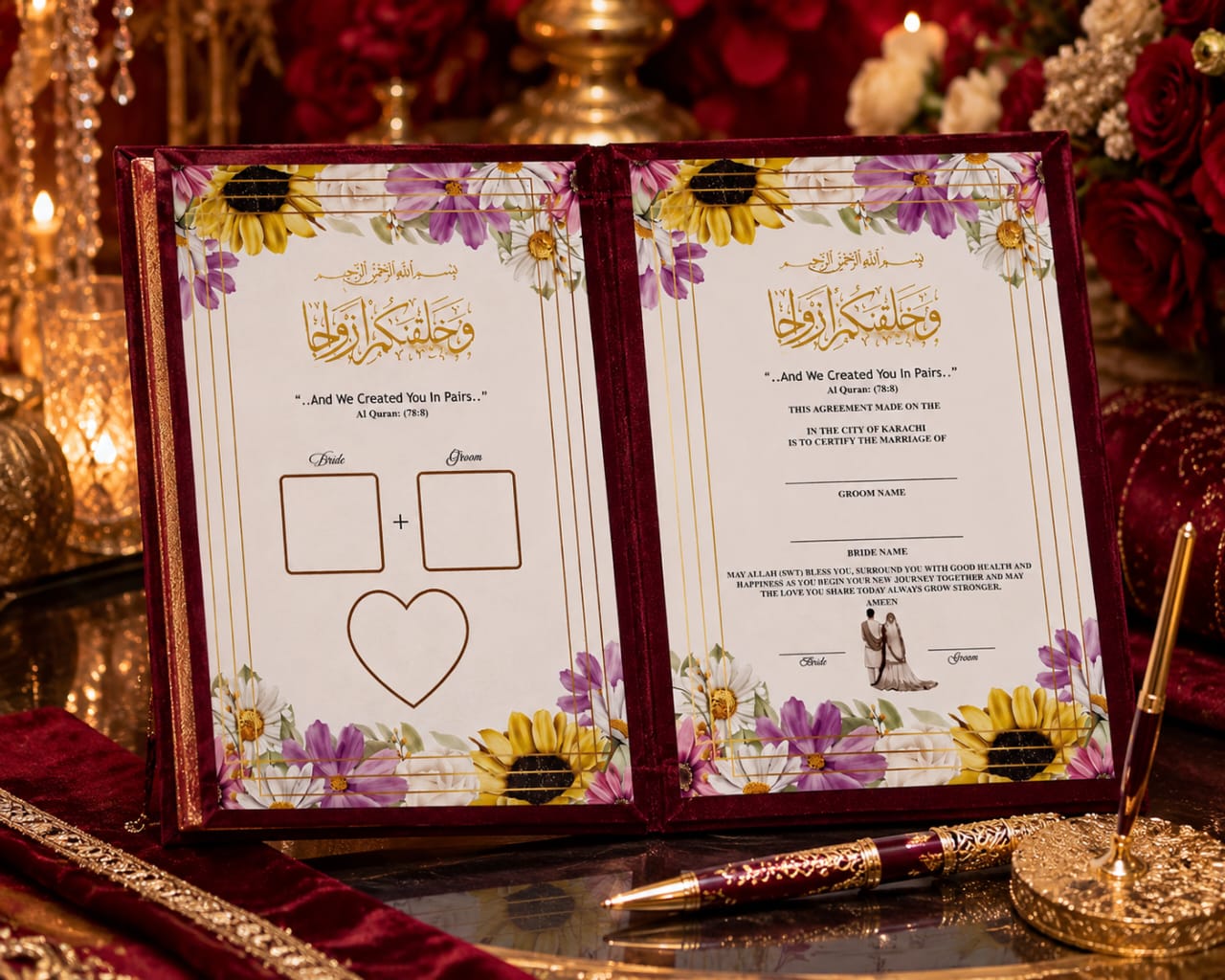 A4 Maroon Nikkah Mubarak Velvet Booklet & Certificate Holder - wedding folder - nikkah nama booklet - marriage certificate view 3