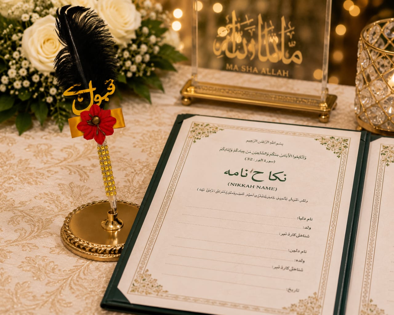 Black Floral Feather Nikkah Signing Pen with Qabool Hai Acrylic Tag for Bride and Groom