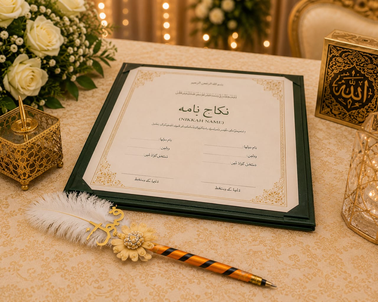 Unique Multicolor White Floral Feather Nikkah Signing Pen with Qabool Hai Acrylic Tag for Bride and Groom - Wedding Favors