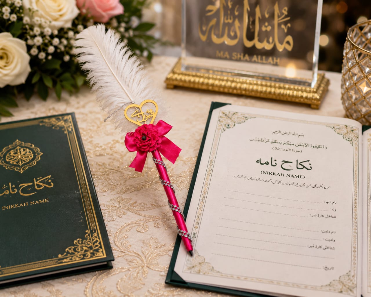 Pink Floral Feather Nikkah Signing Pen with Qabool Hai Acrylic Tag for Bride and Groom - Wedding Favor