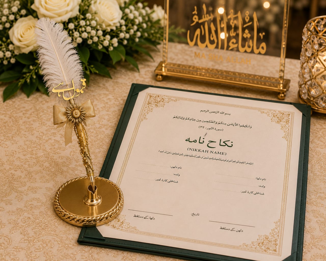 Elegant White Floral Feather Nikkah Signing Pen with Qabool Hai Acrylic Tag for Bride and Groom - Wedding Favor view 3