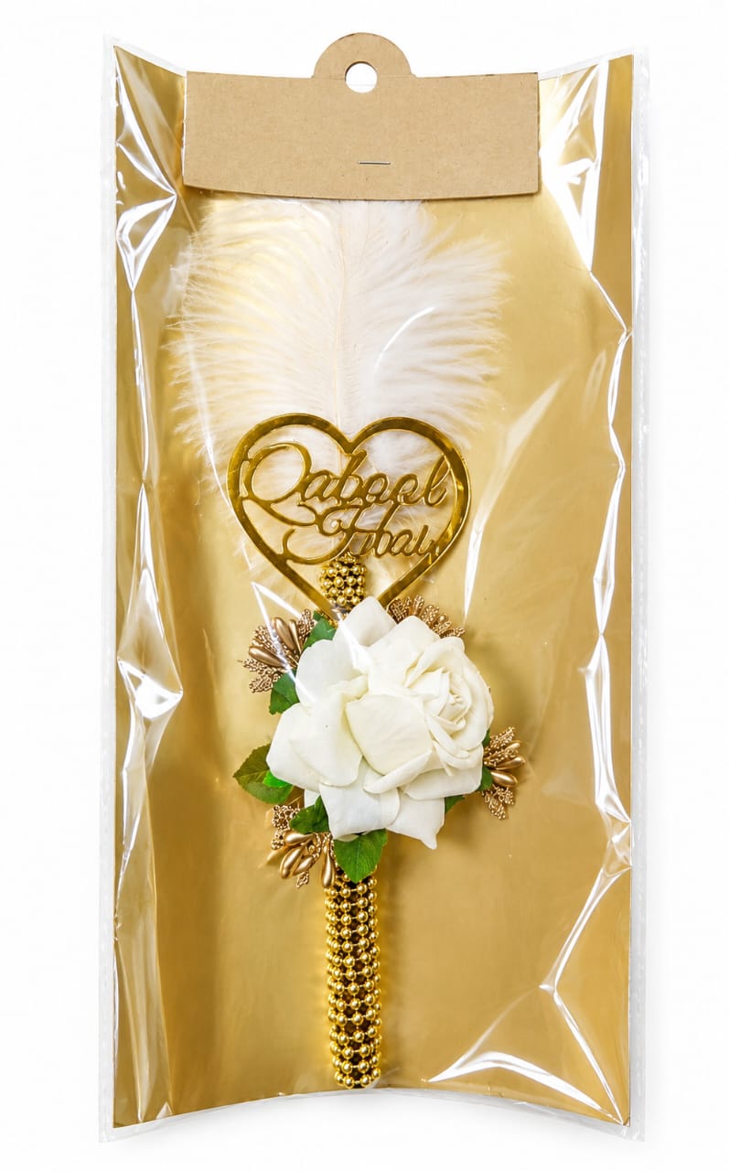 White Floral Feather Nikkah Signing Pen with Qabool Hai Acrylic Tag for Bride and Groom - Wedding Favor