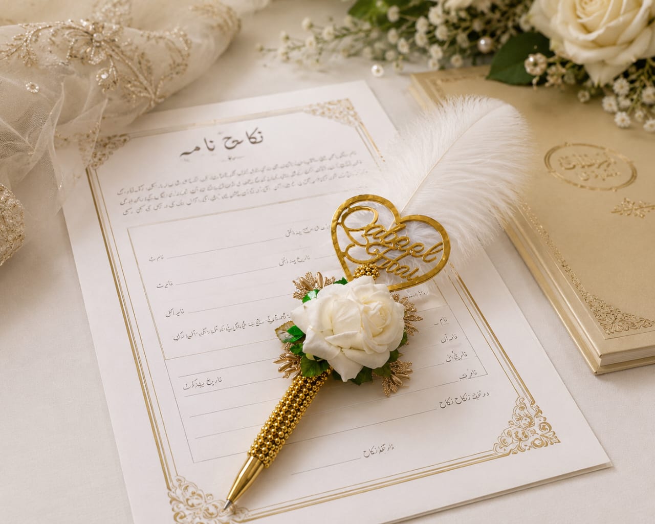 White Floral Feather Nikkah Signing Pen with Qabool Hai Acrylic Tag for Bride and Groom - Wedding Favor view 2