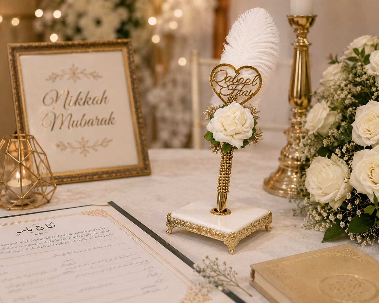 White Floral Feather Nikkah Signing Pen with Qabool Hai Acrylic Tag for Bride and Groom - Wedding Favor view 3
