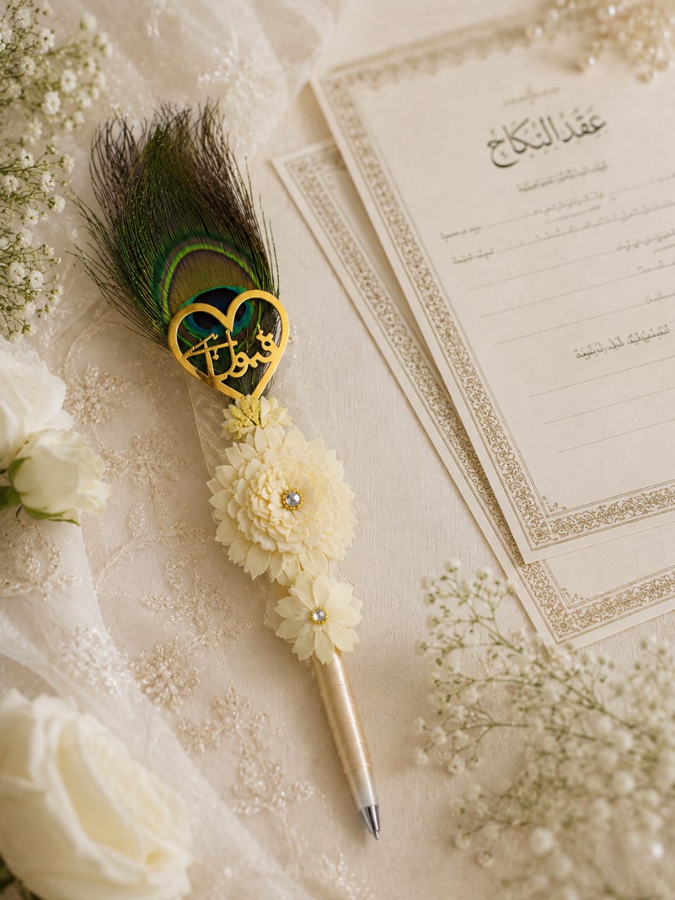 Peacock Feather Nikkah Ceremony Pen Acrylic Tag for Bride and Groom - Wedding Favor