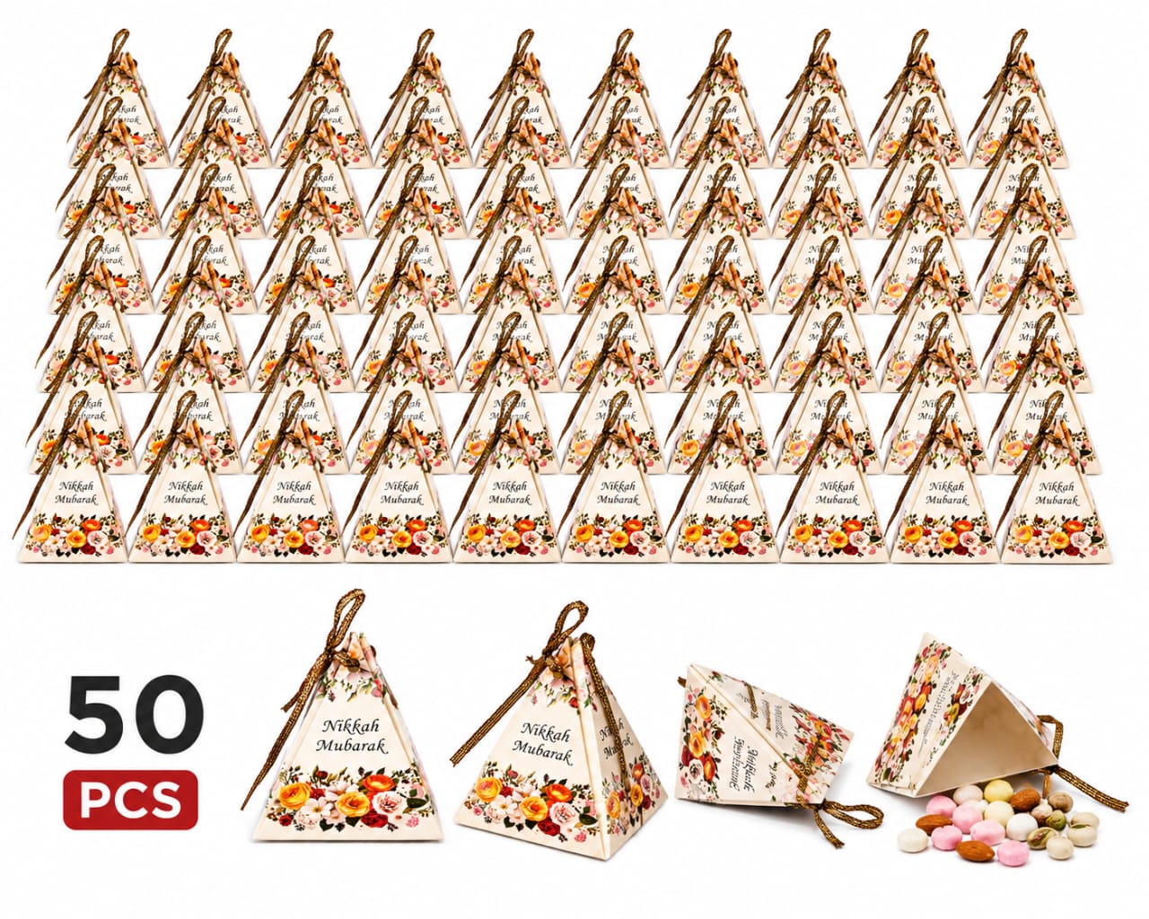 100pcs Nikkah Mubarak, Triangle Pyramid Box, Wedding Bid Boxes - Party Favor