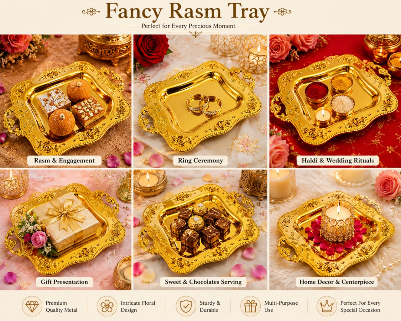 Rectangular Small Golden Fancy Rasam Tray with Handles - Mehndi Mayon Nikkah Indian Wedding - party Favor view 2