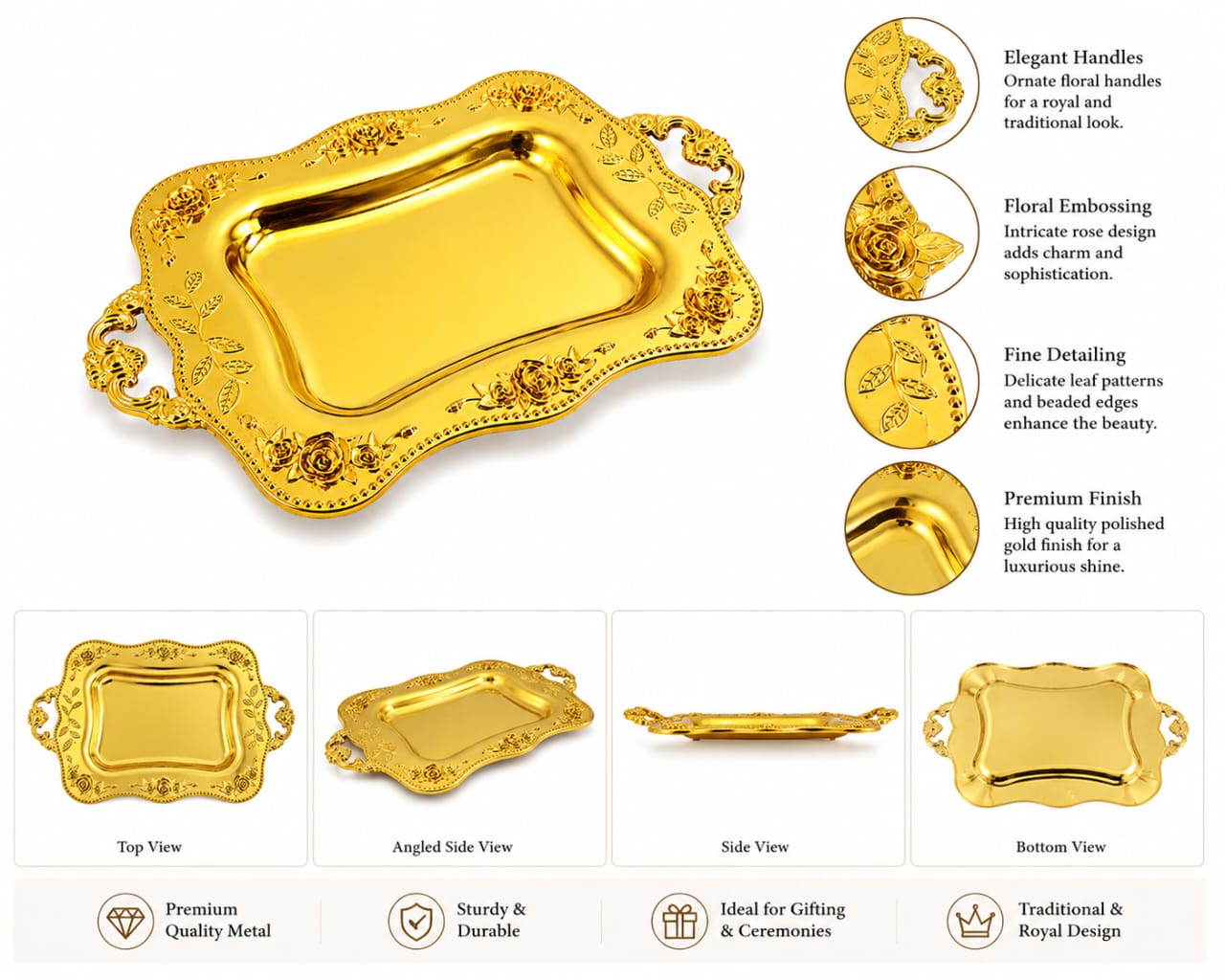 Rectangular Small Golden Fancy Rasam Tray with Handles - Mehndi Mayon Nikkah Indian Wedding - party Favor view 3