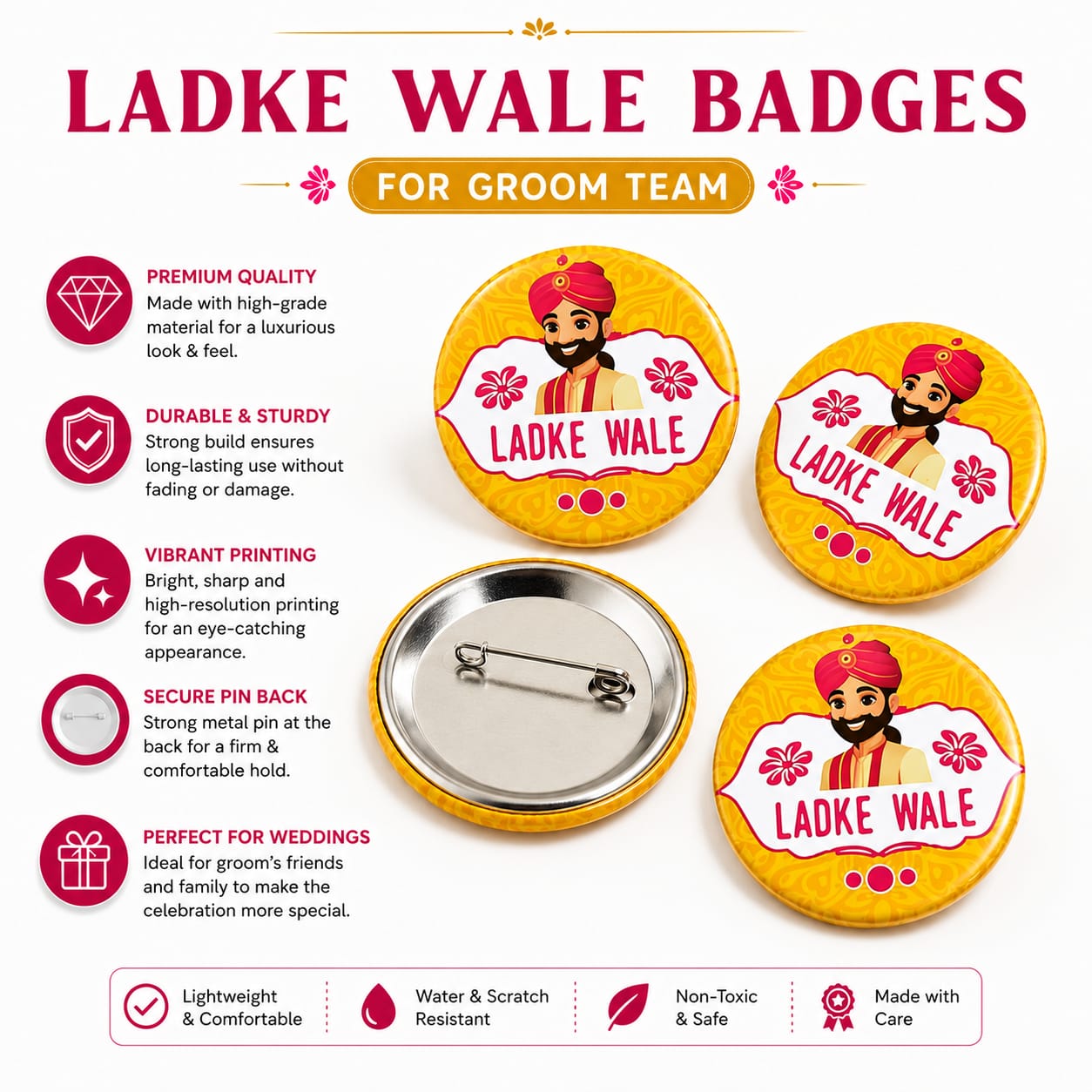 Pack of 6pcs  Ladke Wale - Groom Team \ Team Dulha Wedding Badges – Groom Team - Wedding Favor