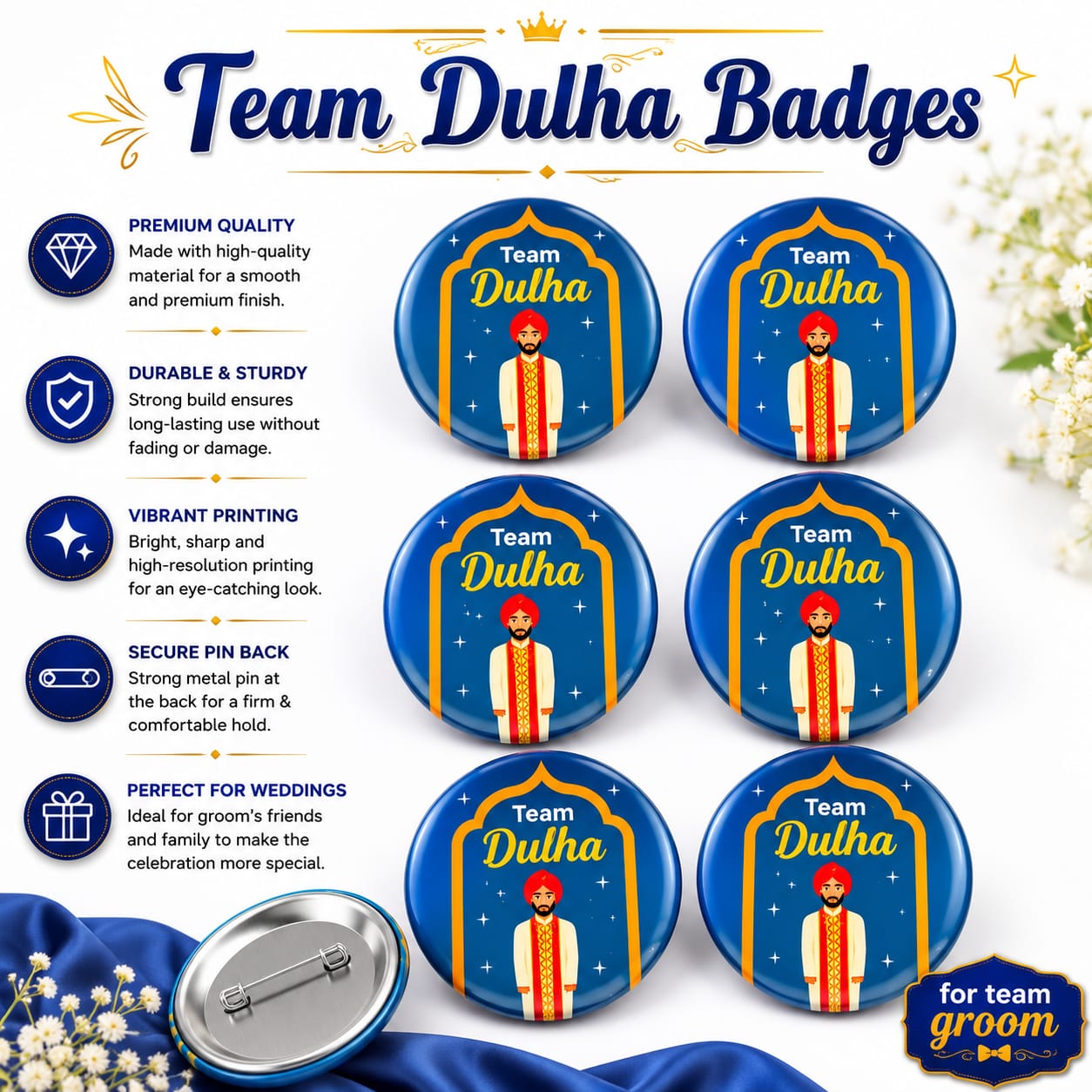 Pack of 6pcs Team Dulha Wedding Badges – Groom Team - Wedding Favor view 3