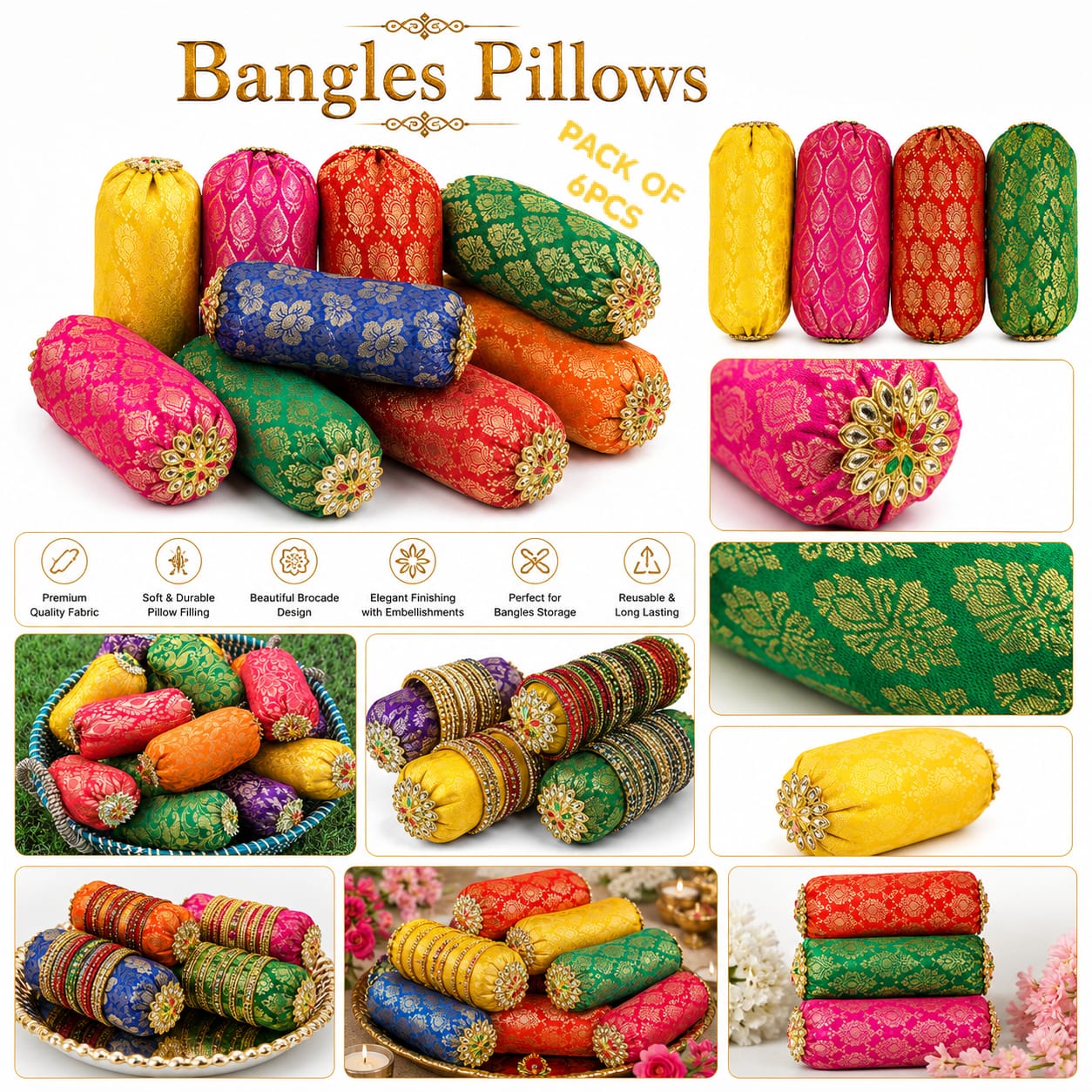 6pcs Handmade Jamawar Bangle Bolster: Indian Wedding -  Choori Pillow - Wedding Favor