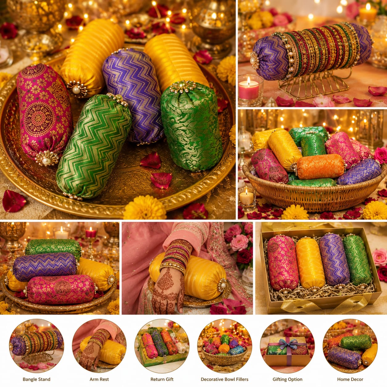 6pcs Handmade Jamawar Bangle Bolster: Indian Wedding -  Choori Pillow - Wedding Favor view 2