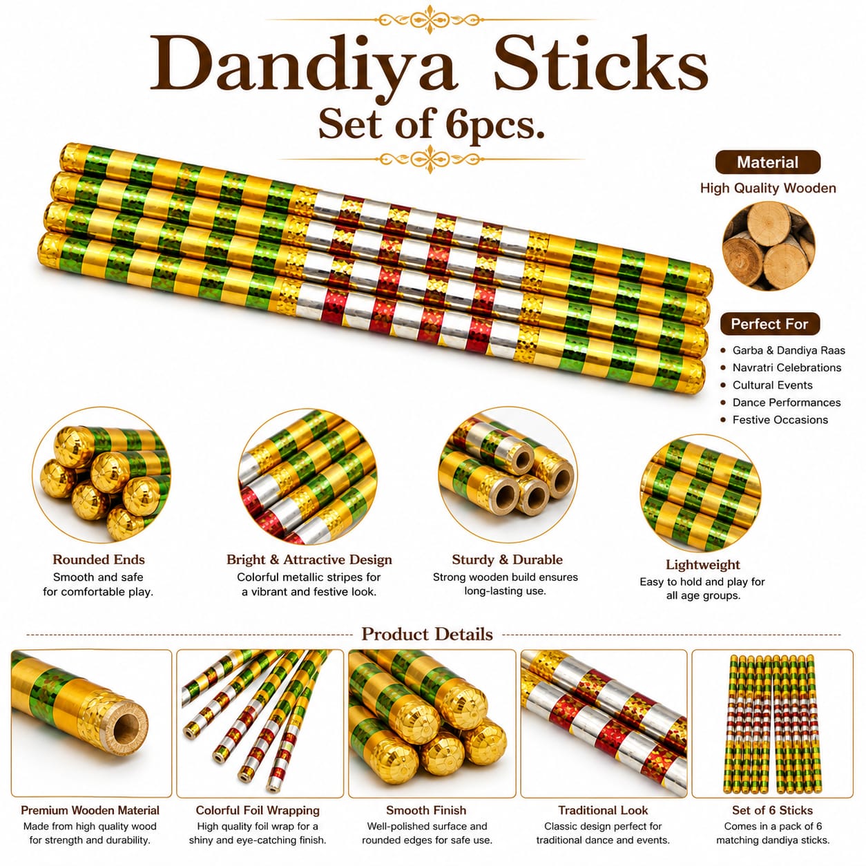 6pcs Assorted Traditional Dandiya Sticks for Haldi Mayon Dholki Mehndi Celebration Party - Wedding Favor