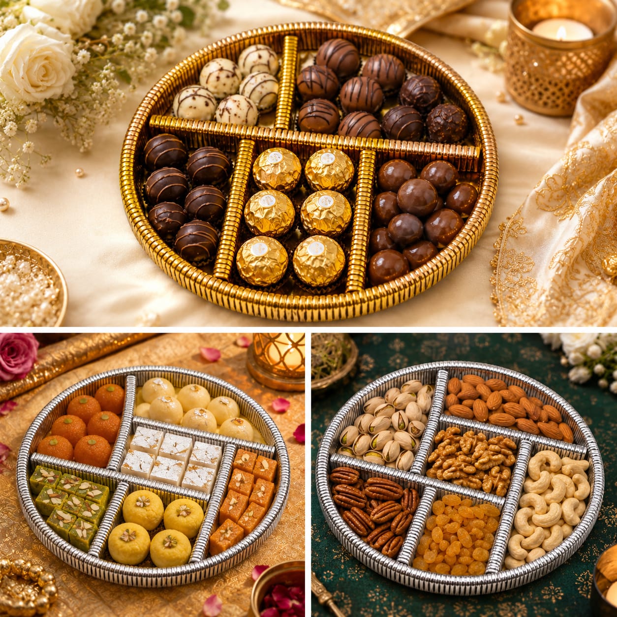 Premium Round Wooden Tray for Dry fruits, chocolates & Mithai Presentation Decoration