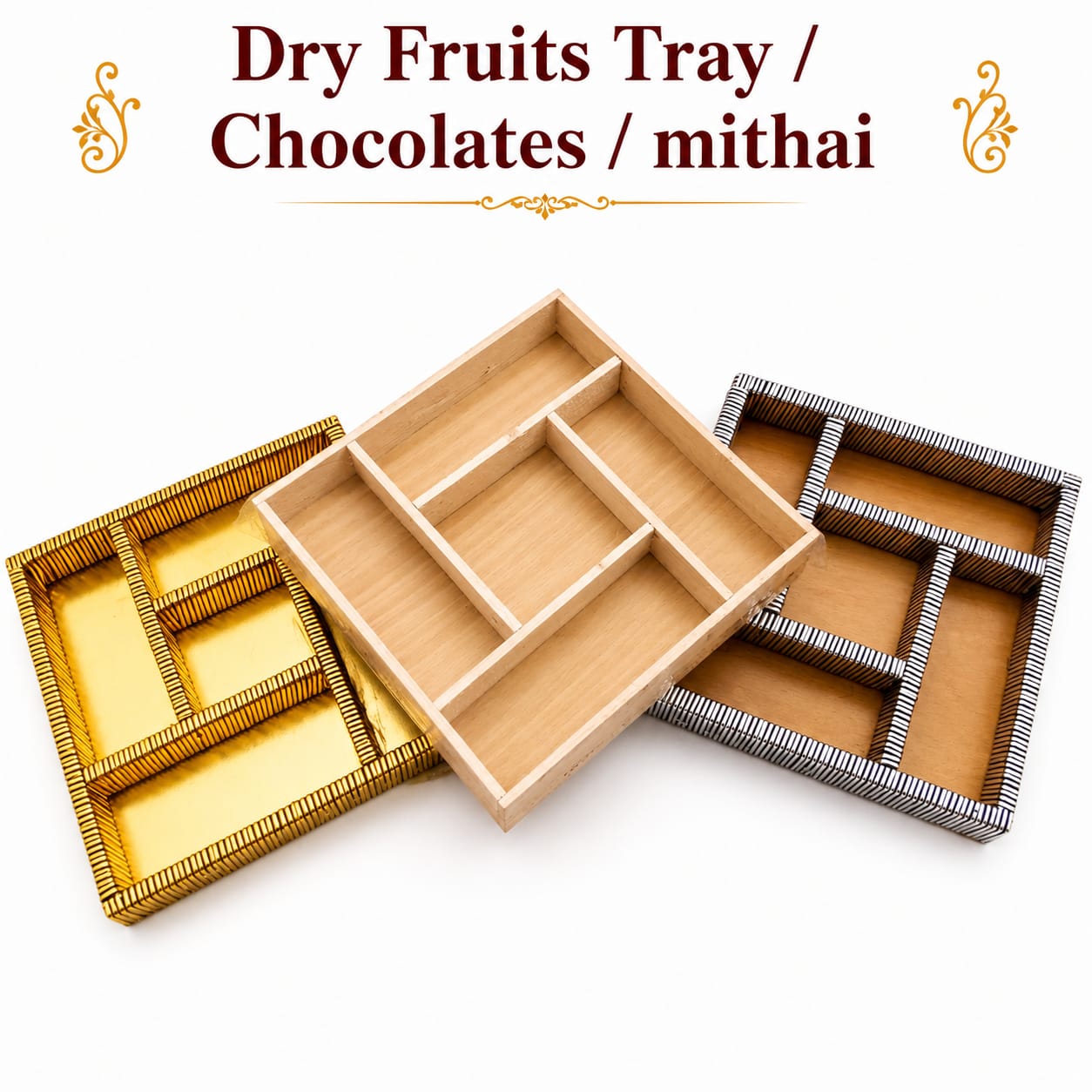 Premium Square Wooden Tray for Dry fruits, chocolates & Mithai Presentation Decoration - Wedding Favor