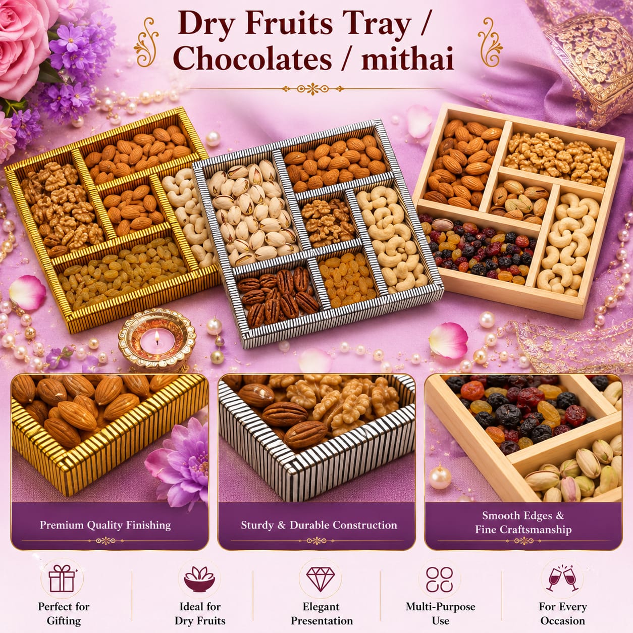 Premium Square Wooden Tray for Dry fruits, chocolates & Mithai Presentation Decoration - Wedding Favor view 2