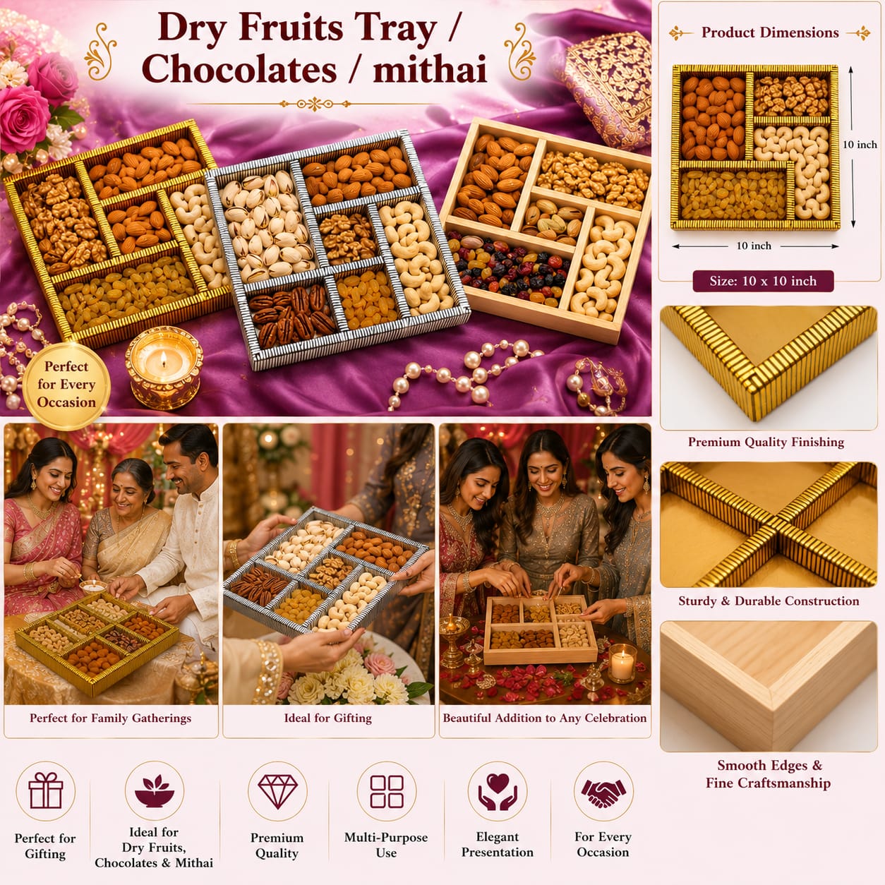 Premium Square Wooden Tray for Dry fruits, chocolates & Mithai Presentation Decoration - Wedding Favor view 3