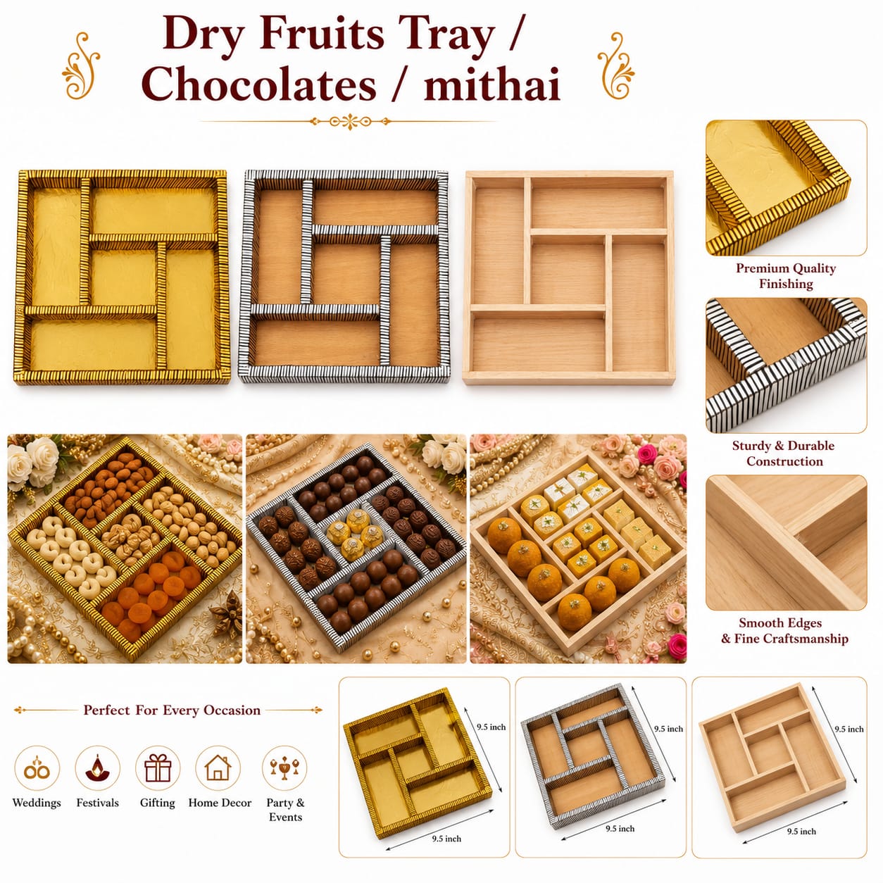 Premium Square Wooden Tray for Dry fruits, chocolates & Mithai Presentation Decoration - Wedding Favor view 4