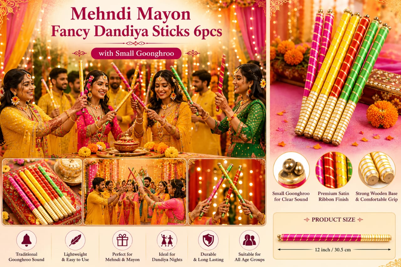 6pcs Fancy Traditional Dandiya Sticks - Indian Navratri - Garba Dance - Haldi Mayon Dholki Mehndi - Wedding Favor