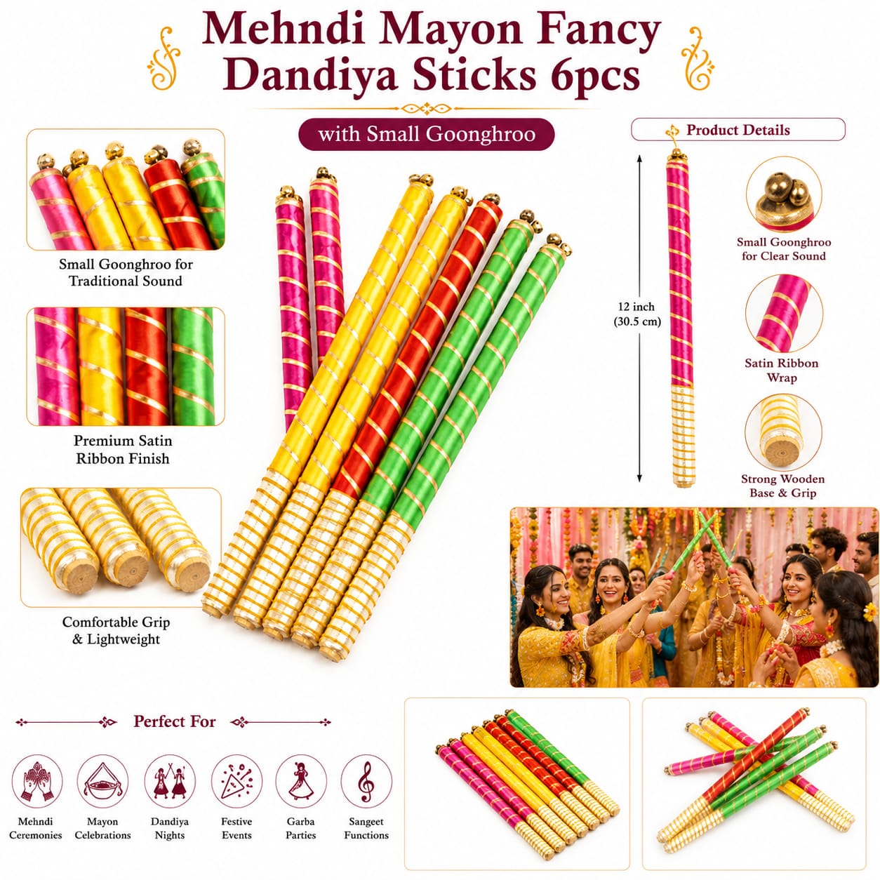 6pcs Fancy Traditional Dandiya Sticks - Indian Navratri - Garba Dance - Haldi Mayon Dholki Mehndi - Wedding Favor view 2