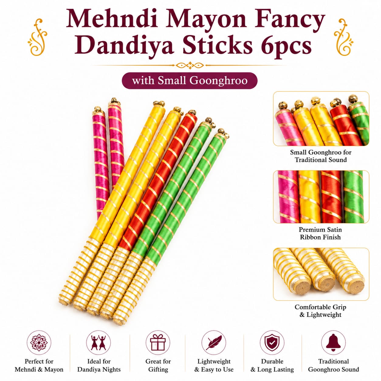 6pcs Fancy Traditional Dandiya Sticks - Indian Navratri - Garba Dance - Haldi Mayon Dholki Mehndi - Wedding Favor view 3
