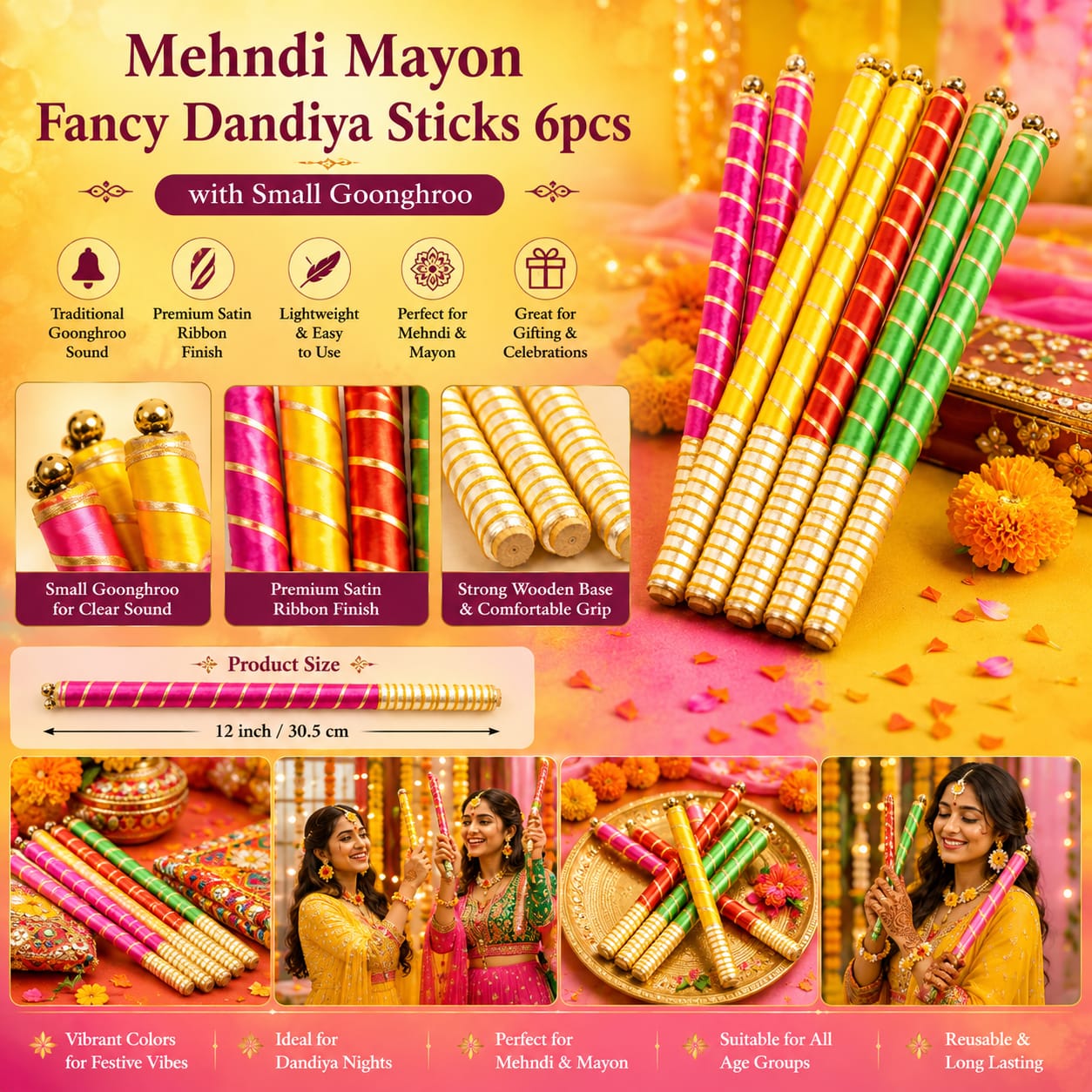 6pcs Fancy Traditional Dandiya Sticks - Indian Navratri - Garba Dance - Haldi Mayon Dholki Mehndi - Wedding Favor view 4