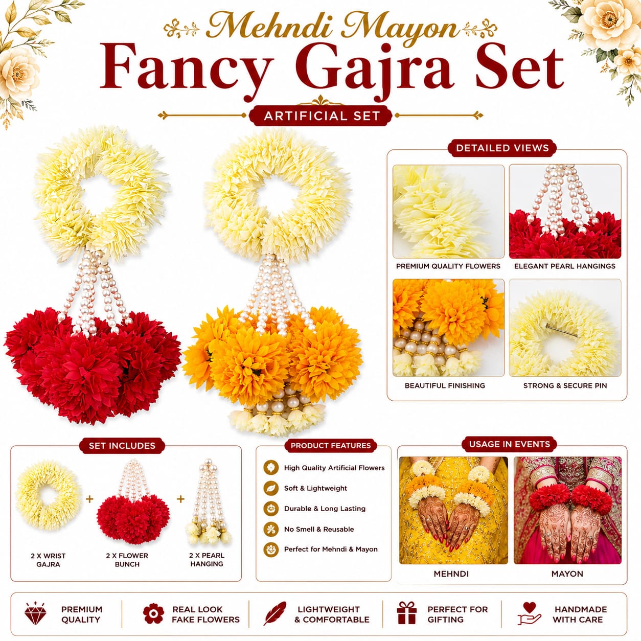 Fancy Bridal Gajra - wristlet set - Hair Accessories - Indian Jewelry -Artifical Flowers for Mayon Mehndi Dholki Haldi - Wedding Favors