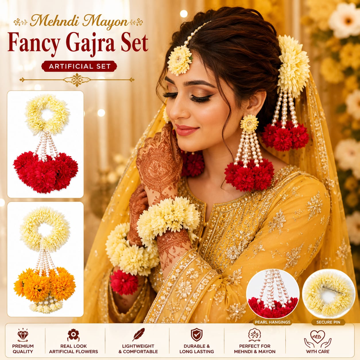 Fancy Bridal Gajra - wristlet set - Hair Accessories - Indian Jewelry -Artifical Flowers for Mayon Mehndi Dholki Haldi - Wedding Favors view 2