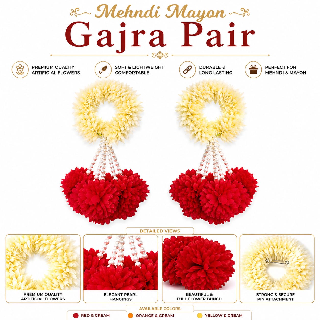 Fancy Bridal Gajra - wristlet set - Hair Accessories - Indian Jewelry -Artifical Flowers for Mayon Mehndi Dholki Haldi - Wedding Favors view 3