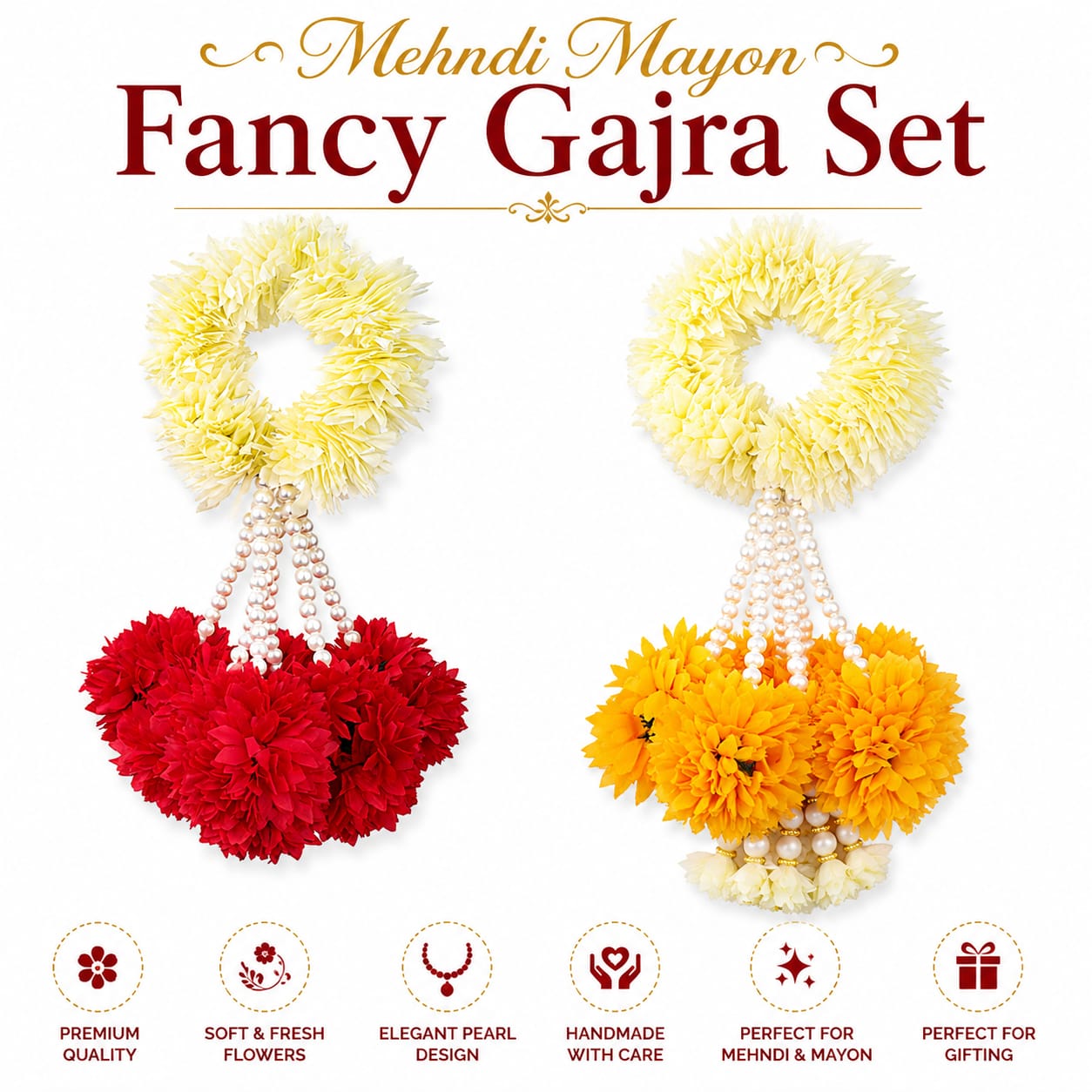 Fancy Bridal Gajra - wristlet set - Hair Accessories - Indian Jewelry -Artifical Flowers for Mayon Mehndi Dholki Haldi - Wedding Favors view 4