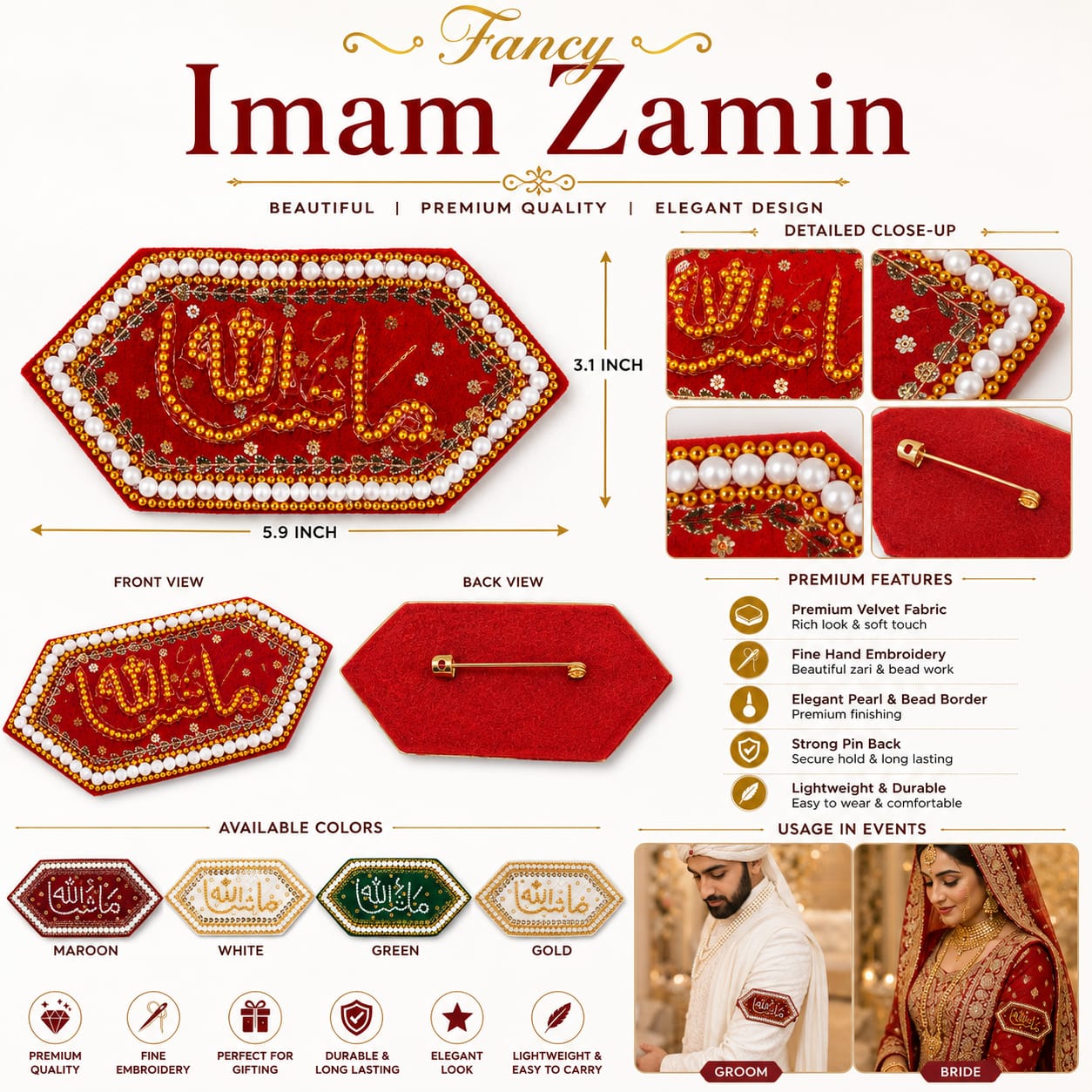 Premium Luxury Mashallah ImamZamin Arm Band for Bride & Groom Nikkah Mehndi Mayon - Wedding Favor