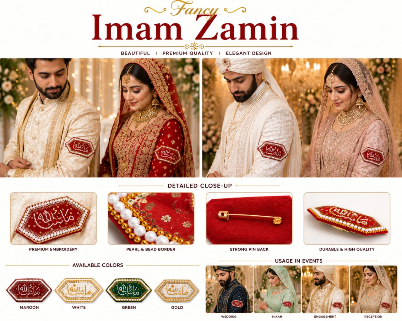 Premium Luxury Mashallah ImamZamin Arm Band for Bride & Groom Nikkah Mehndi Mayon - Wedding Favor view 4
