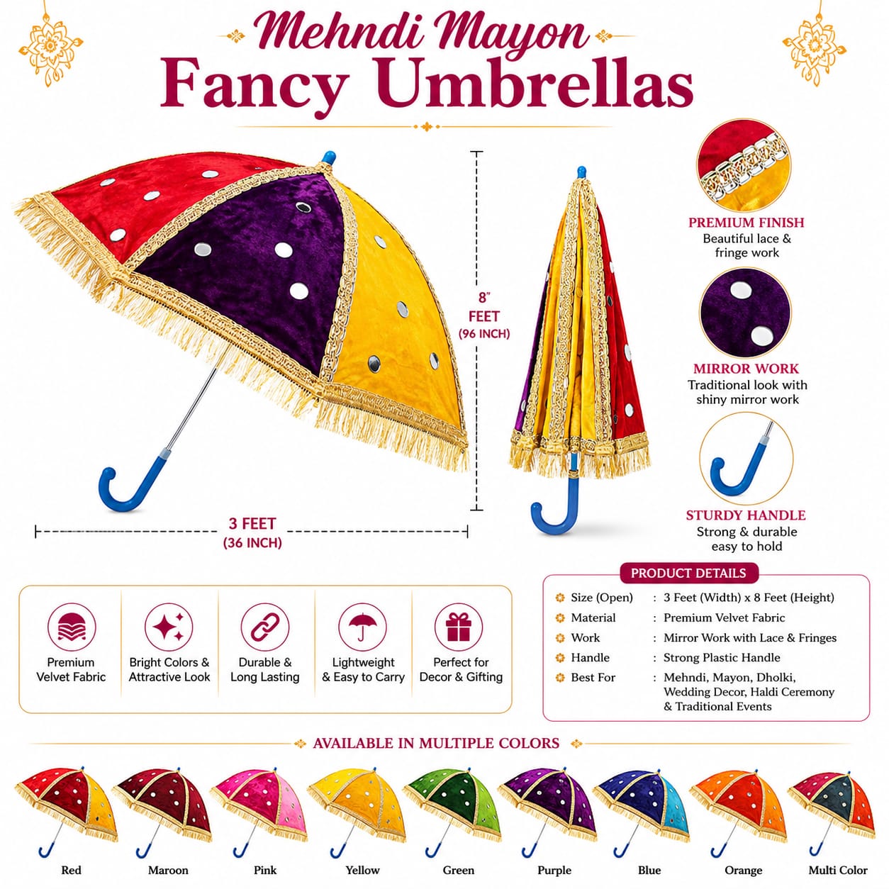 Indian Fancy Multicolour Umbrella Mehndi Mayon Dholki Decoration | Velvet Chatri - Wedding Favor - Large