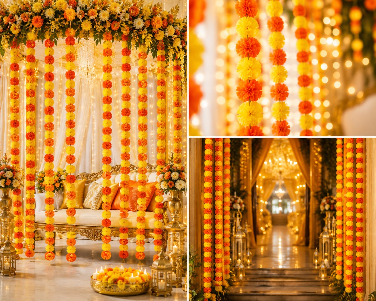 6pcs Marigold-Style Artificial Gainda Strings for Mayon Mehndi Dholki Haldi Party Celebration Decoration - Wedding Favor