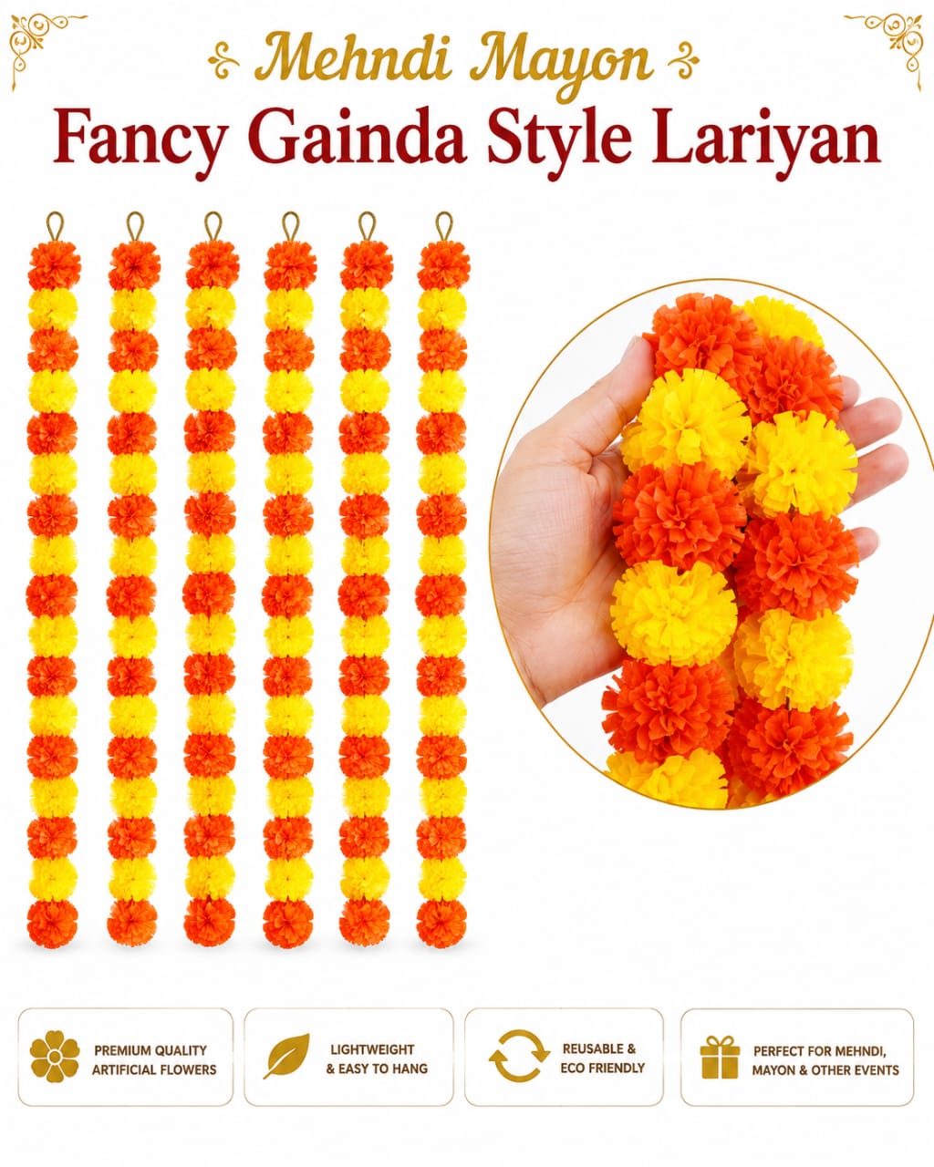 6pcs Marigold-Style Artificial Gainda Strings for Mayon Mehndi Dholki Haldi Party Celebration Decoration - Wedding Favor view 4