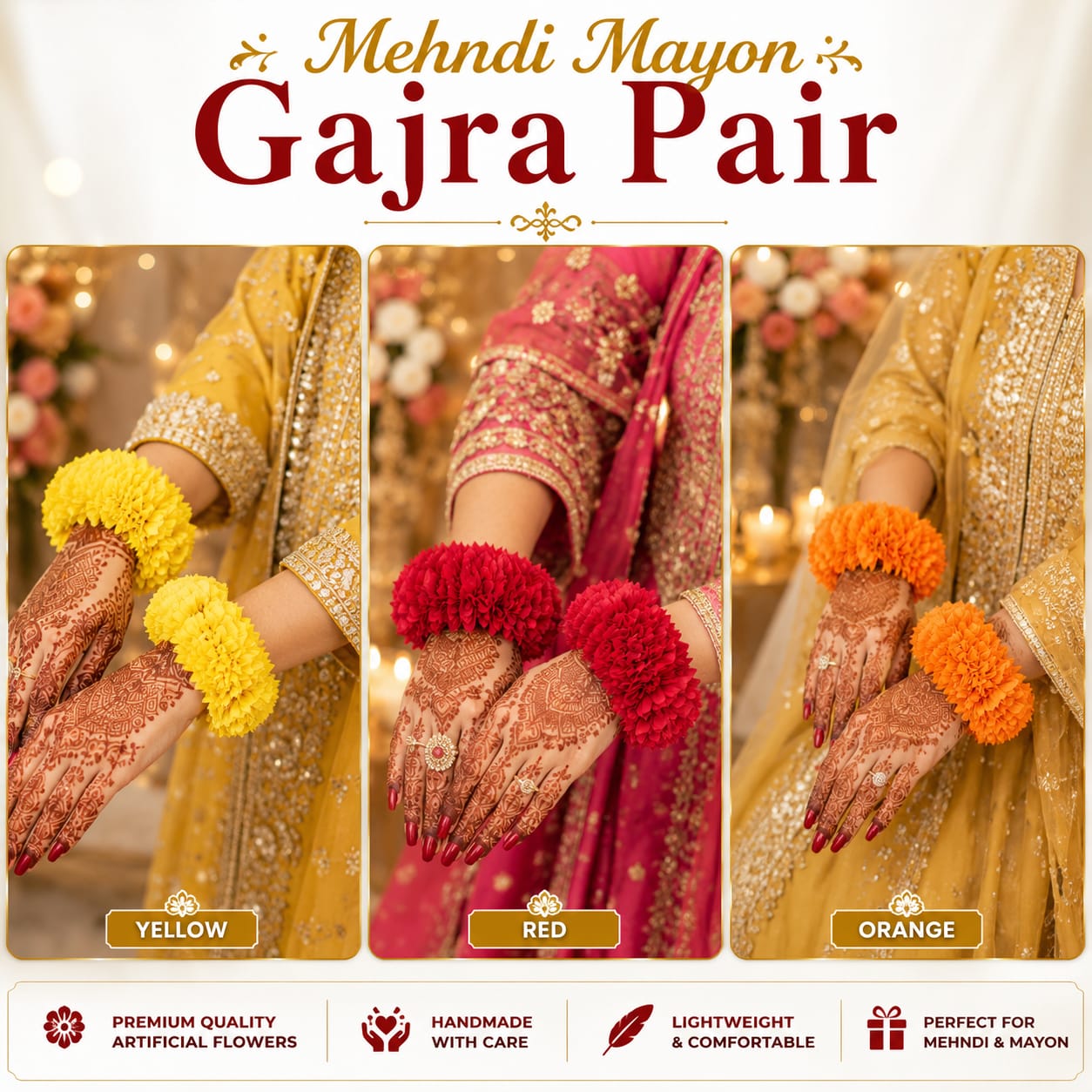 Pack of 2pcs Bridal Gajra Hair Accessories Pair - wristlet set - Artifical Flowers for Mayon Mehndi Dholki Haldi - Wedding Favors