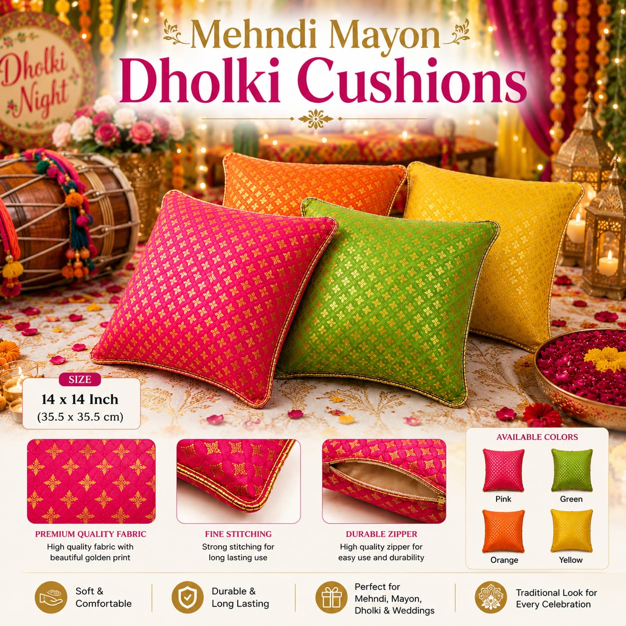 Set of 2pcs Mayon, Indian Wedding, Mehndi & Dholki Jamawar Banarsi Cushion