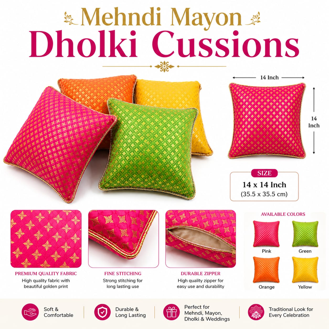 Set of 2pcs Mayon, Indian Wedding, Mehndi & Dholki Jamawar Banarsi Cushion view 2