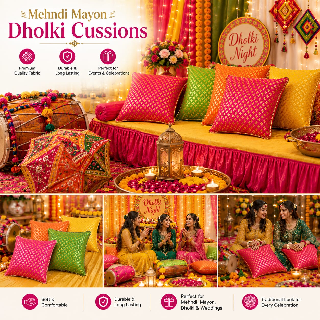 Set of 2pcs Mayon, Indian Wedding, Mehndi & Dholki Jamawar Banarsi Cushion view 4